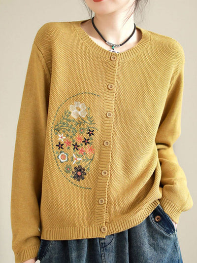 Brianna Retro Crew Neck Embroidered Knitted Cardigan