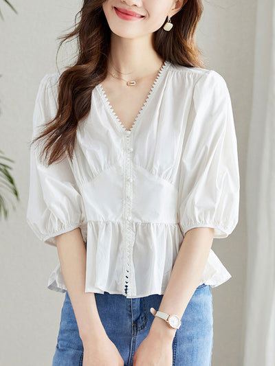 Anna Loose V-Neck Lantern Sleeve Cotton Top