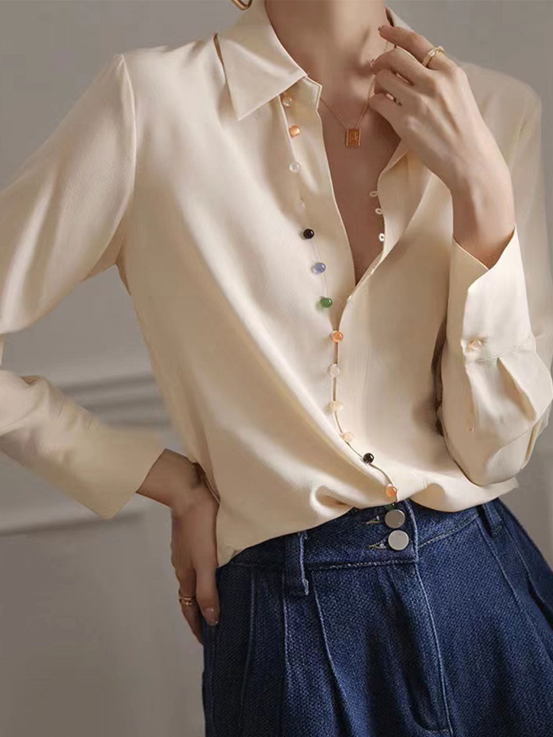 Audrey Vintage Lapel Solid Color Shirt