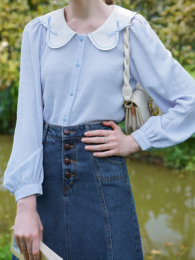 Dana French Style Doll Collar Blue Plaid Shirt