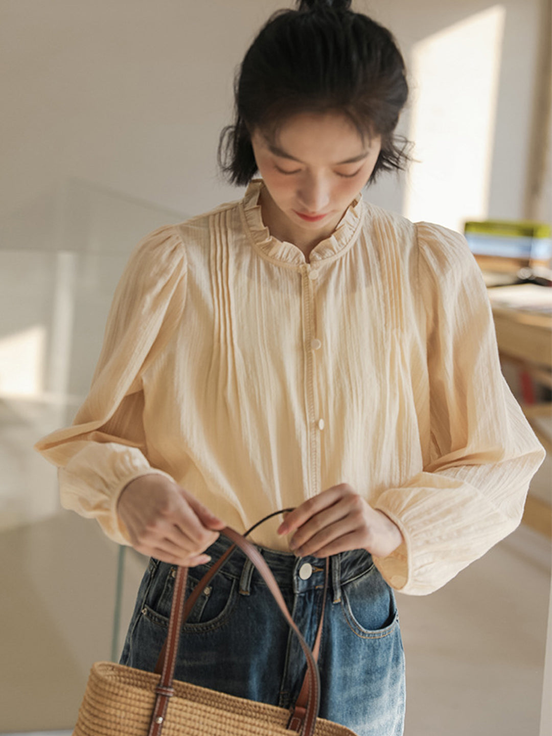 Alva Vintage Style Puff Sleeves Apricot Blouse