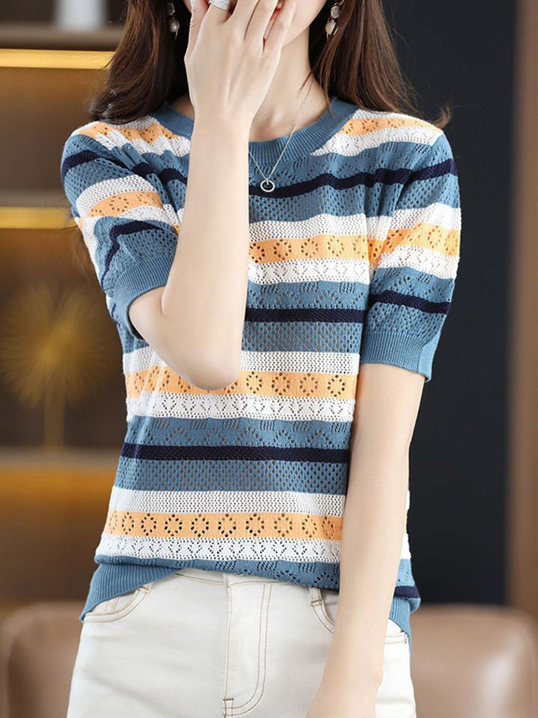 Bella Elegant Crew Neck Hollowed Knitted Sweater