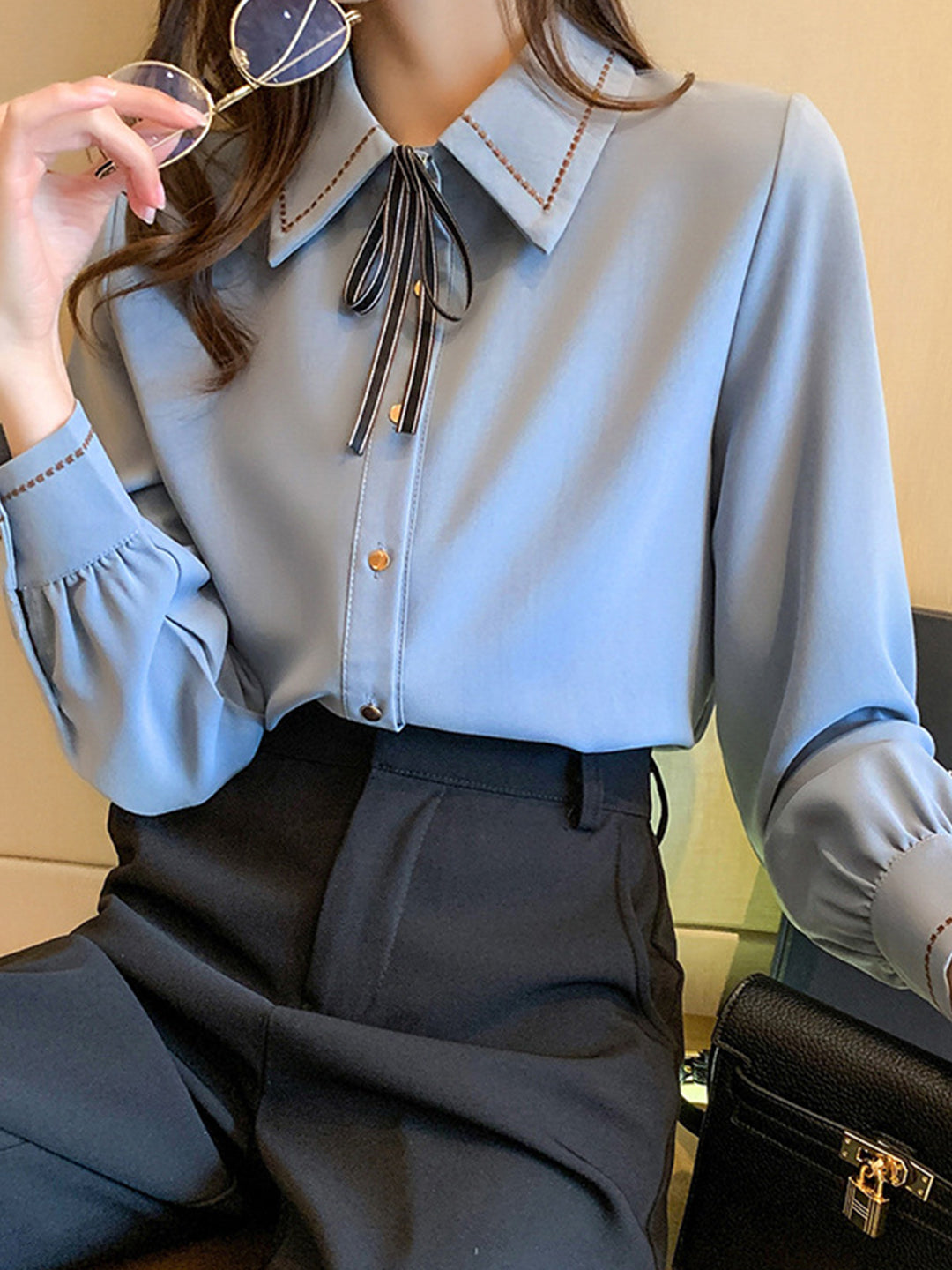 Elizabeth French Style Chiffon Bow Tie Lapel Blouse Shirt